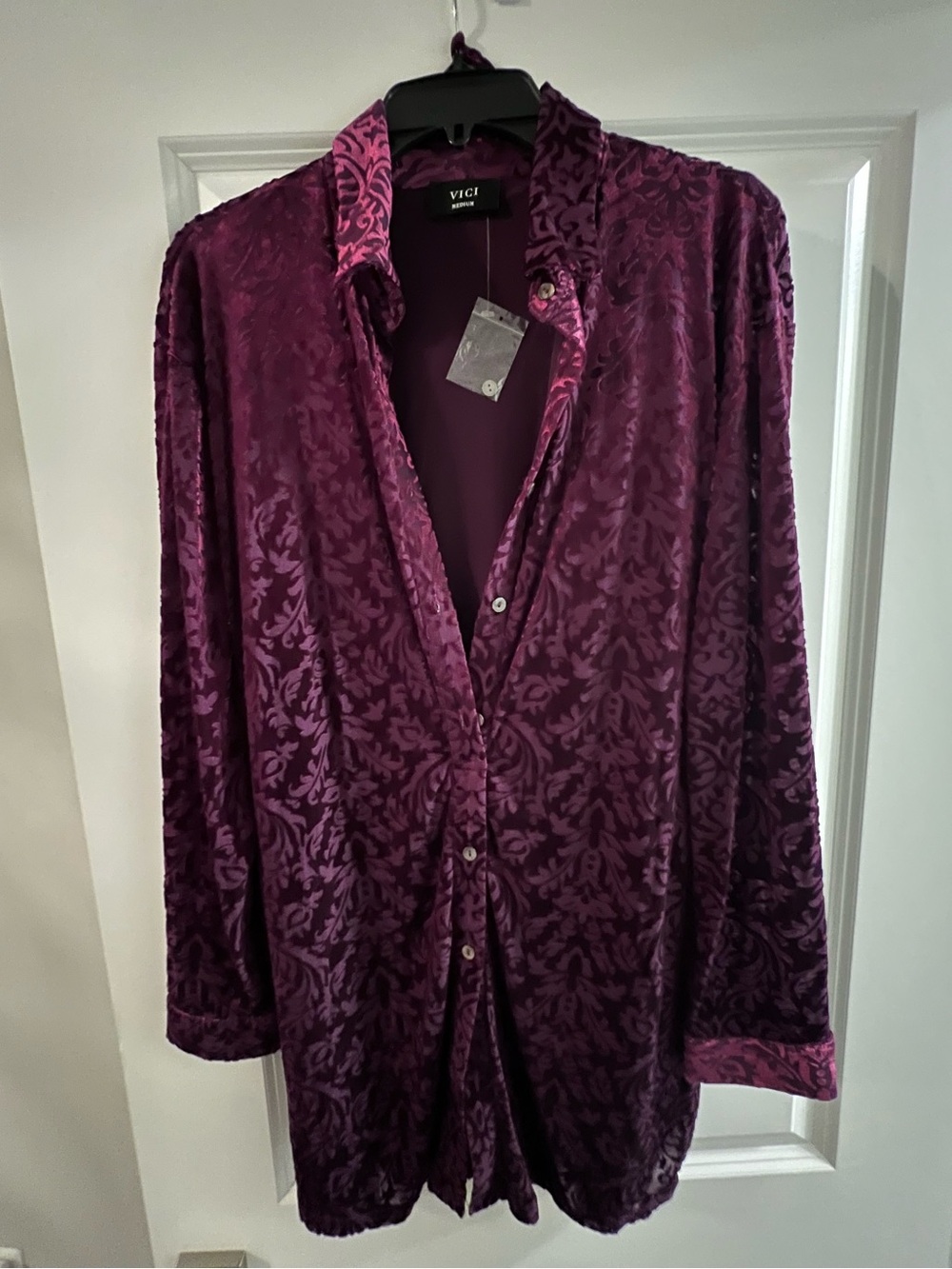VICI Women’s Velvet Button-Down Shirt - Plum Floral Burnout